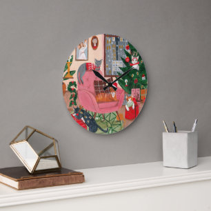 Grande Horloge Ronde Jolie art de Noël de chat