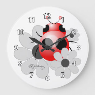 Grande Horloge Ronde Jolie coccinelle et marguerites noires et blanches