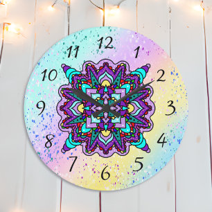Grande Horloge Ronde Jolie couleur violet Mandala Mystique