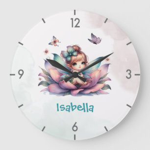 Grande Horloge Ronde Jolie fée assise à l'intérieur d'une fleur