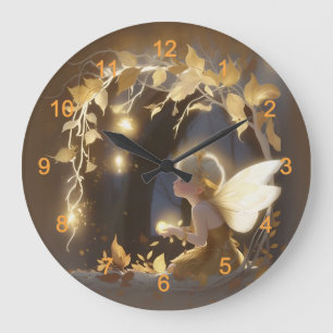 Grande Horloge Ronde Jolie fée d'automne avec des fleurs lumineuses