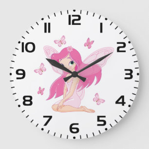 Grande Horloge Ronde Jolie Fée Rose et Papillons Magiques