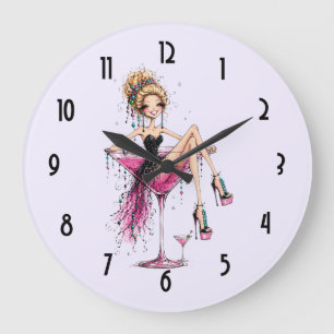 Grande Horloge Ronde Jolie femme aguicheuse dans un verre à Martini