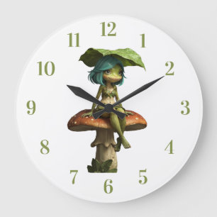 Grande Horloge Ronde Jolie fille grenouille assise sur un champignon