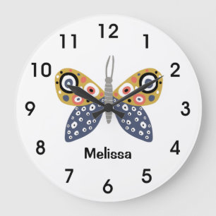Grande Horloge Ronde Jolie papillon boho couleurs points pour elle