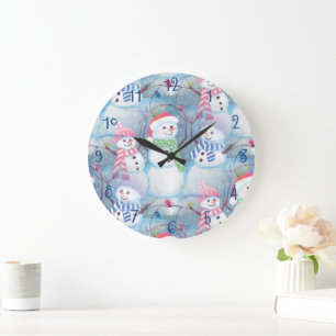 Grande Horloge Ronde Jolie saison hivernale Snowmen Aquarelle Art