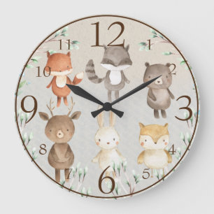 Grande Horloge Ronde Jolie scène de forêt de style aquarelle avec anima