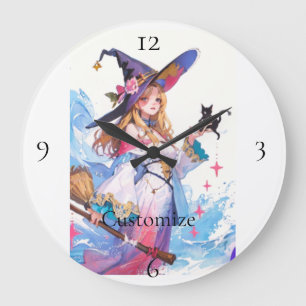 Grande Horloge Ronde Jolie Sorcière tenant Chat noir Thunder_Cove
