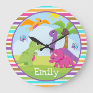 Grande Horloge Ronde Jolis amis dinosaures fille colorés Enfants