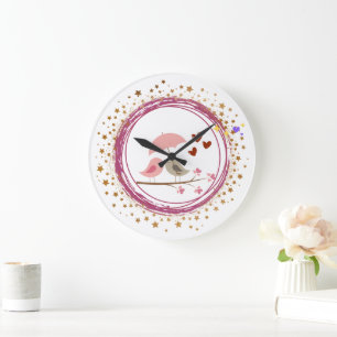 Grande Horloge Ronde Jolis Oiseaux d'Amour Se Blottissant Sous un Cadra
