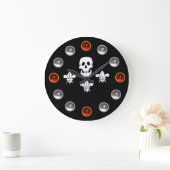 Grande Horloge Ronde JOLLY ROGER SKULL THREE LILIES FLAG Red White Gems (Maison)