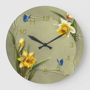 Grande Horloge Ronde Jonquille et papillon bleu