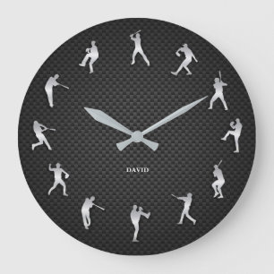 Grande Horloge Ronde Joueur de baseball en argent brillant en métal