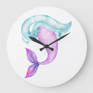 Grande Horloge Ronde Jour d'anniversaire de la sirène d'aquarelle rose 