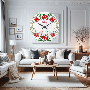 Grande Horloge Ronde Joyeuse Fête des mères Rouge Rose Floral Mur de ve