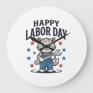 Grande Horloge Ronde Joyeuse Fête du Travail Chat Patriote Vintage Créa