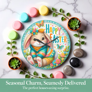 Grande Horloge Ronde Joyeuses Pâques Lapin Floral