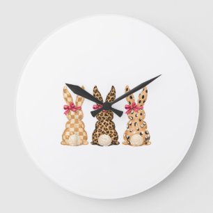Grande Horloge Ronde Joyeuses Pâques Léopard Lapin Coquette Arc Fille F