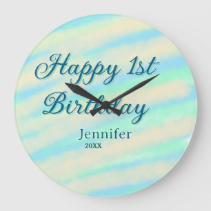 Grande Horloge Ronde Joyeux 1er anniversaire enfants bébé bleu vert pas