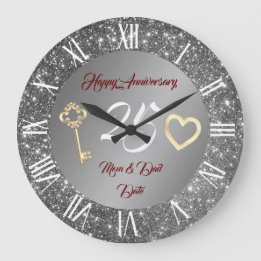 Grande Horloge Ronde Joyeux Amour Personnalisé Argent 25e Anniversaire