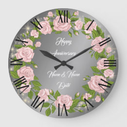 Grande Horloge Ronde Joyeux Anniversaire de Rose d'Argent Personnalisé