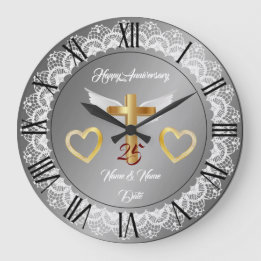 Grande Horloge Ronde Joyeux Anniversaire Personnalisé Lacet Argent
