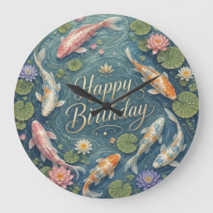 Grande Horloge Ronde Joyeux Anniversaire Serene Koi Pond Water Lily