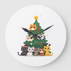 Grande Horloge Ronde Joyeux Catmas drôle sapin de Noël, chats Xmas Miao