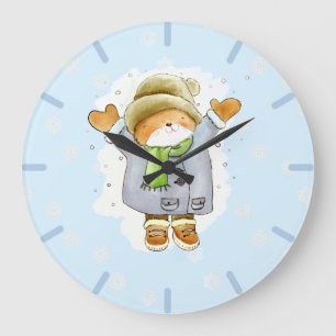 Grande Horloge Ronde Joyeux Chat d'hiver