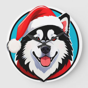 Grande Horloge Ronde Joyeux chien de Noël dans un cercle festif de Noël