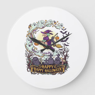 Grande Horloge Ronde Joyeux Halloween Balai de Sorcière Chat Noir Fantô