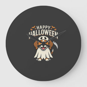 Grande Horloge Ronde Joyeux Halloween Beagle Chien Design_1