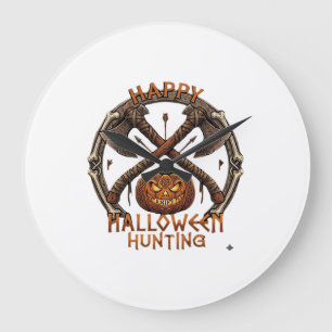 Grande Horloge Ronde Joyeux Halloween Chasse Citrouille Haches Croisées