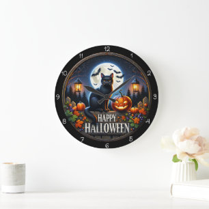 Grande Horloge Ronde Joyeux Halloween Chat Citrouille Pleine Lune