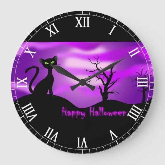 Grande Horloge Ronde Joyeux Halloween Chat noir violet (Recto)