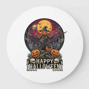 Grande Horloge Ronde Joyeux Halloween Citrouille Magicien Cimetière Ple