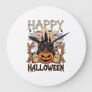 Grande Horloge Ronde Joyeux Halloween Citrouille Sorcière Chapeau Châte