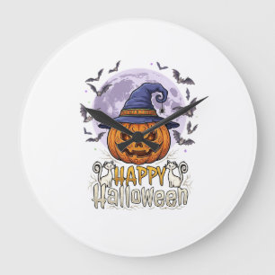 Grande Horloge Ronde Joyeux Halloween Citrouille Sorcière Chapeau Chauv