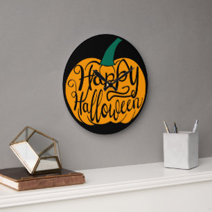 Grande Horloge Ronde Joyeux Halloween lettrage sur citrouille sculptée