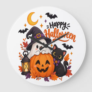 Grande Horloge Ronde Joyeux Halloween Mignon Fantôme Citrouille Chat No