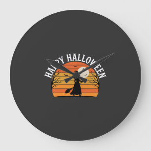 Grande Horloge Ronde Joyeux Halloween Sorcière Coucher de soleil Design