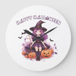 Grande Horloge Ronde Joyeux Halloween Sorcière Violette Citrouilles & C