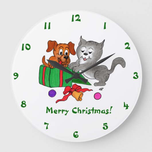 Grande Horloge Ronde Joyeux Noël avec chat et chien (Recto)