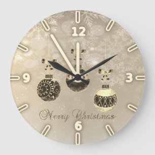 Grande Horloge Ronde Joyeux Noël, boules de Noël, flocons de neige