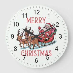 Grande Horloge Ronde Joyeux Noël branché Père Noël Sleigh Reindeer