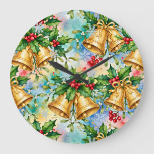 Grande Horloge Ronde Joyeux Noël Coloré Or Cloches Houx