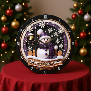 Grande Horloge Ronde Joyeux Noël de bonhomme de neige mauve