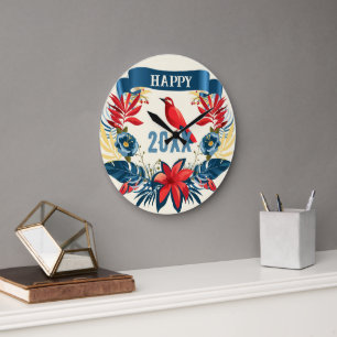 Grande Horloge Ronde Joyeux Noël et Bonne Année ! 20XX Oiseau Rouge