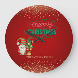 Grande Horloge Ronde Joyeux Noël gnome mignon arbre de pin confettis ro