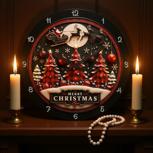 Grande Horloge Ronde Joyeux Noël Plaid Arbres Père Noël Sleigh